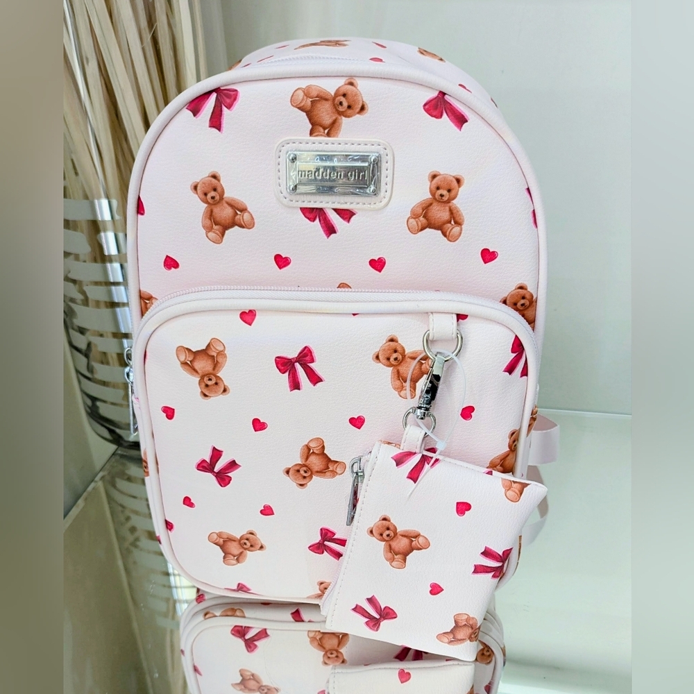 New Madden Girl Teddy Bear Hearts and Bows Backpack and Pouch
